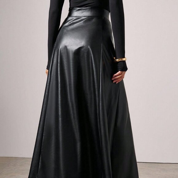 Black Elegant Women's Faux Leather Asymmetrical maxi Skirt - Picture 2 of 7